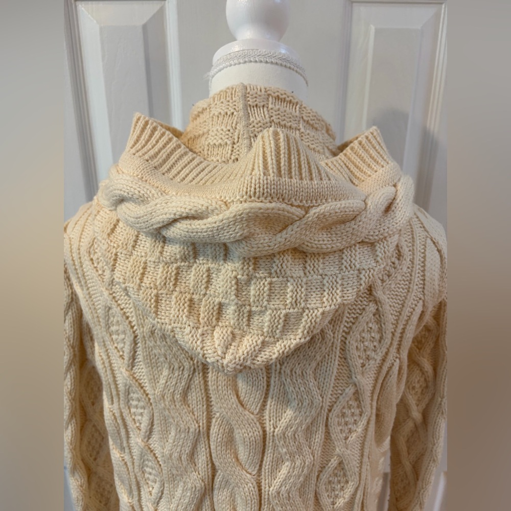 Blarney Aran Originals Cream Cable Knit Wool Hooded Toggle Cardigan Size S - Picture 5 of 11